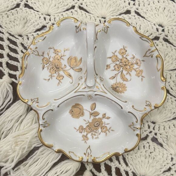 JLMenau Graf Von Henneberg Germany Gold Trim Porcelain Section Dish W/‎ Handle - Picture 1 of 9